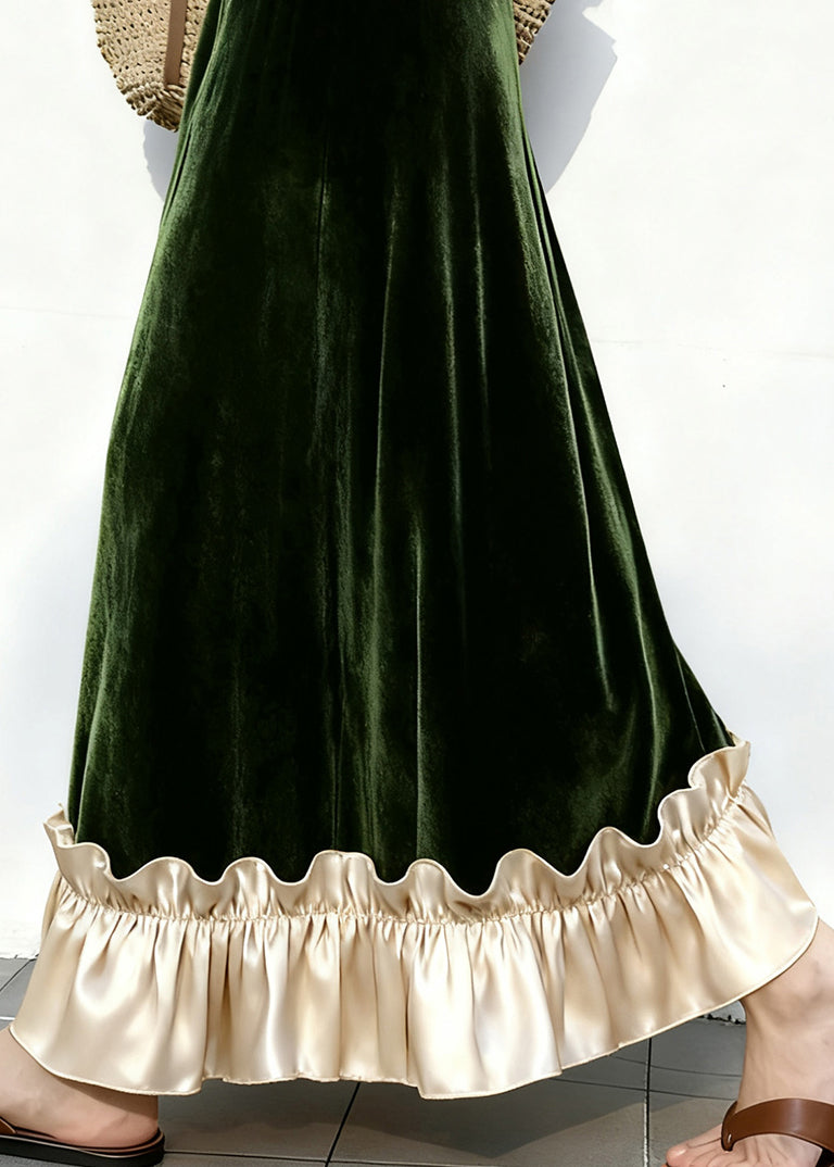 Black Ruffled Elastic Waist Patchwork Velour Skirt Winter