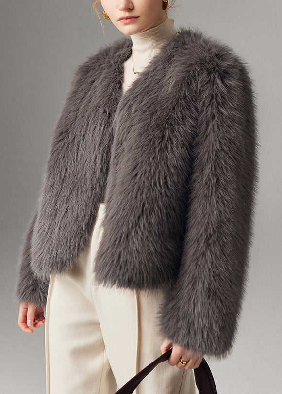 Grey Fox Collar Thick Leather and Fur Coats Winter
