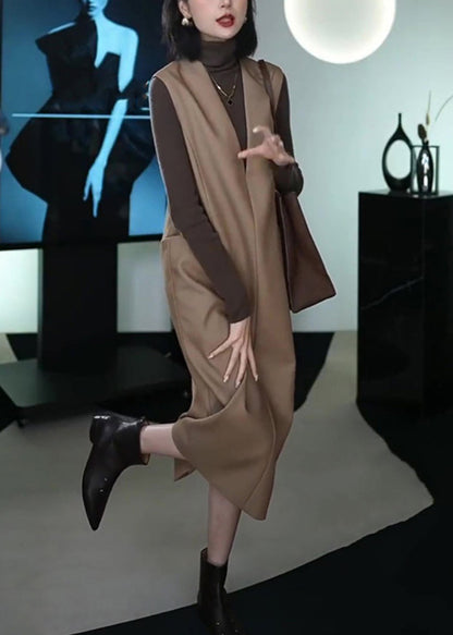 Italian Coffee Patchwork Warm Fleece Long Waistcoat and Dress Two Piece Set Winter