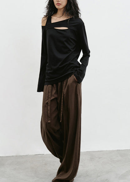 Black Cold Shoulder Patchwork Cotton T Shirt Top Spring