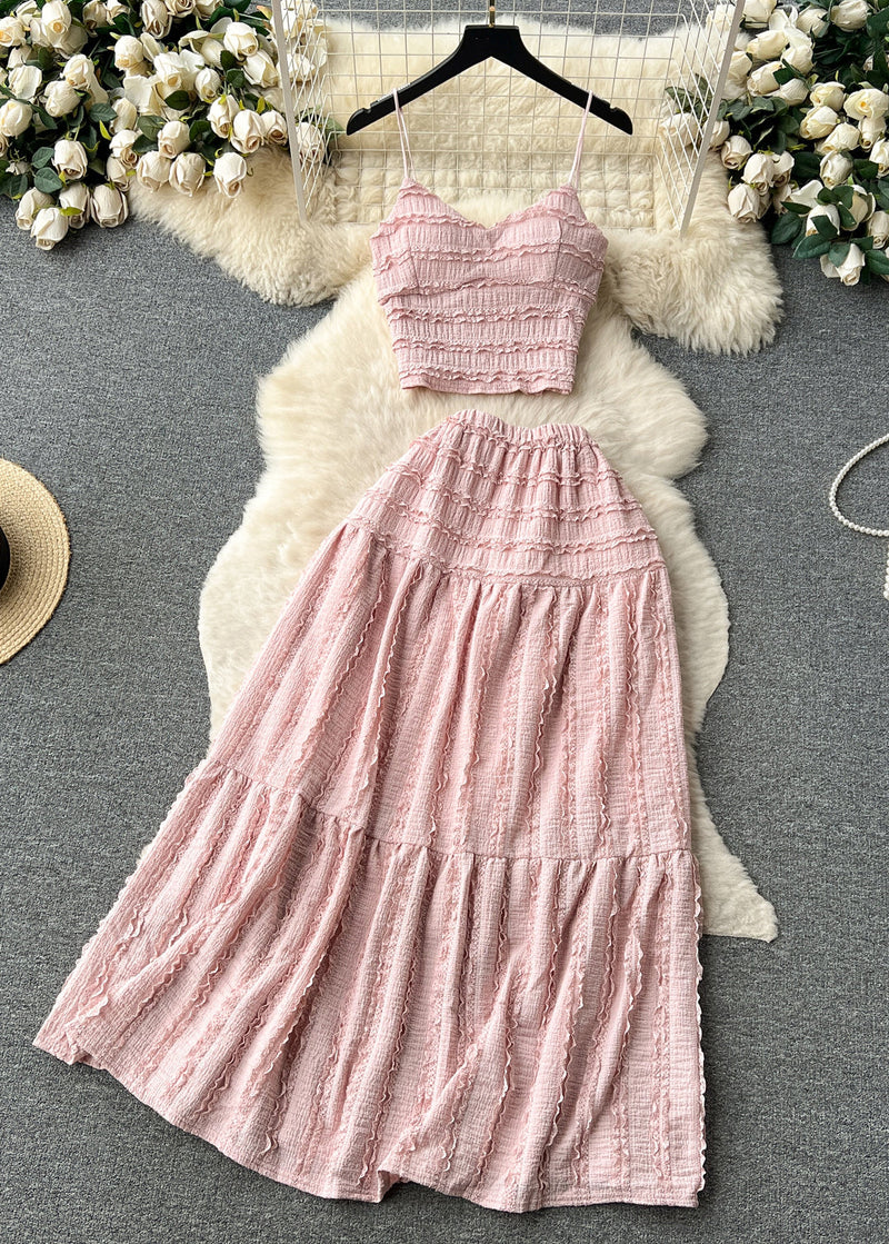 Pink Ruffled Tops and Skirts Cotton Two Pieces Set Sleeveless
