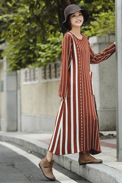 Brown Striped Maxi Sweater Dresses for
