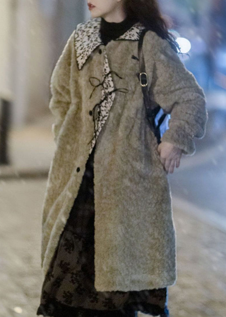 Moss Green Peter Pan Collar Pockets Patchwork Faux Fur Long Coats Winter