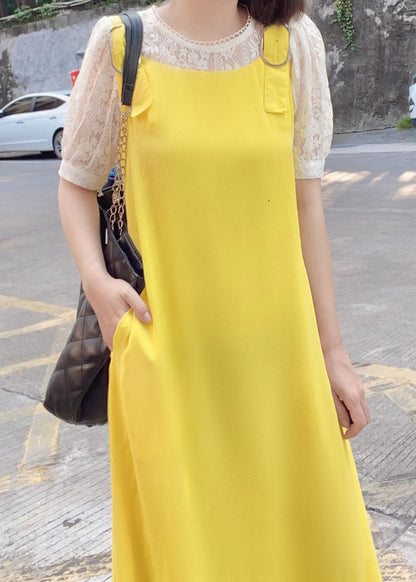 Simple Yellow Pockets Cotton Jumpsuit Pants Sleeveless