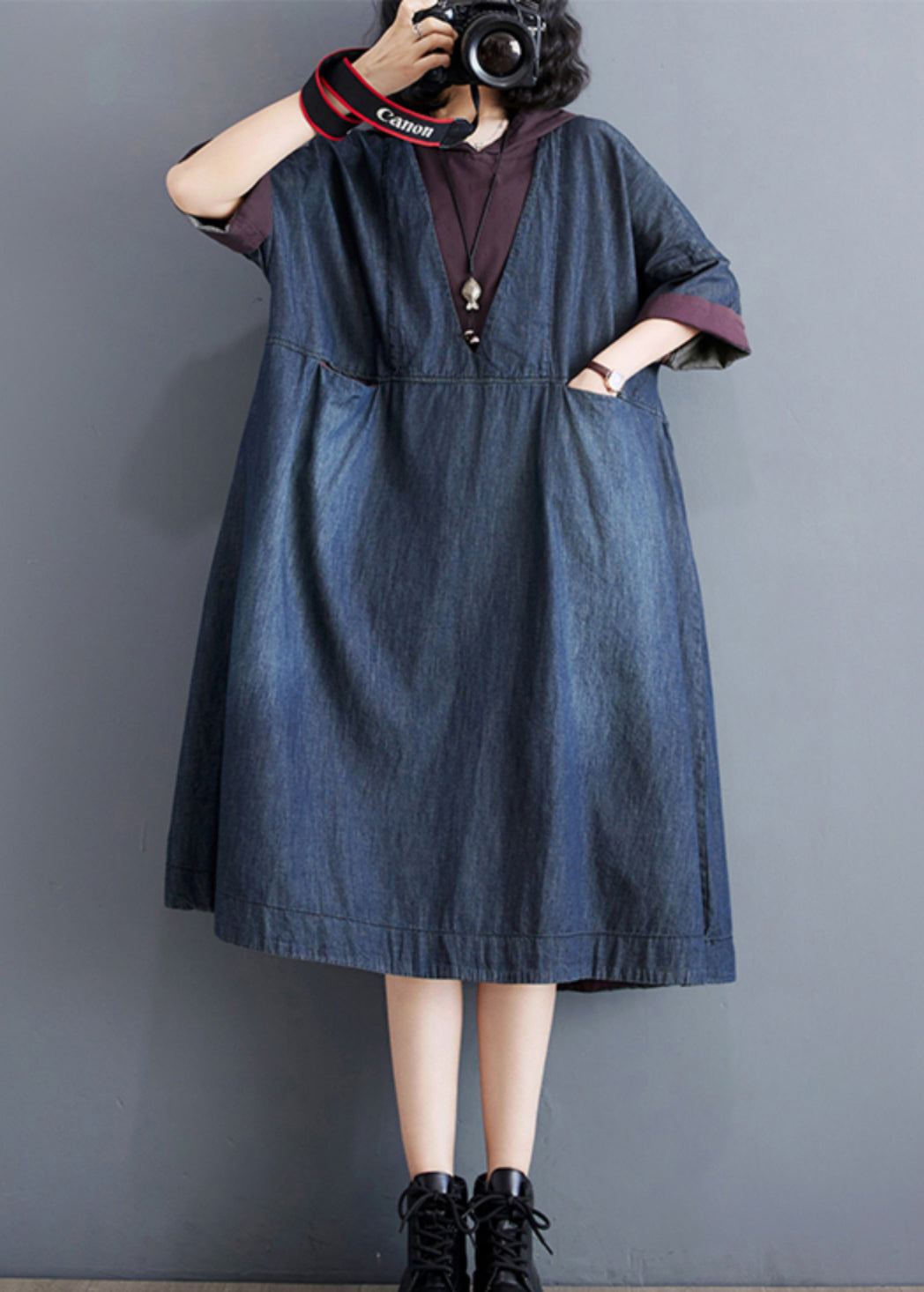 Blue Hooded Patchwork Thin Denim Dress Summer