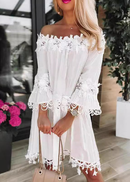 New European and American White Slash Neck Lace Patchwork Dress Summer