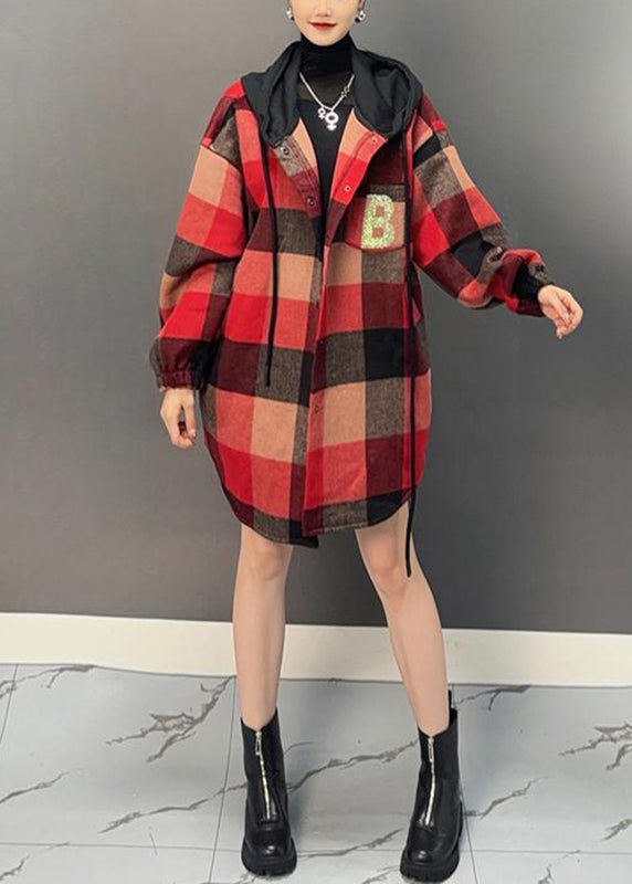 Red Plaid Asymmetrical Button Thick Woolen Hooded Coat Winter