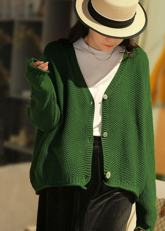 Green V Neck Button Knit Loose Cardigans Fall