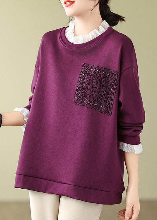 Purple Lace Patchwork Warm Fleece Sweatshirts Spring