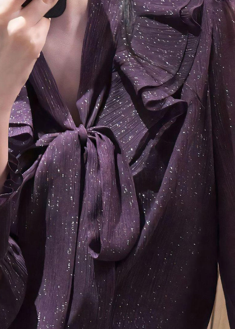 Unique Purple Bow Ruffled Shirt Fall