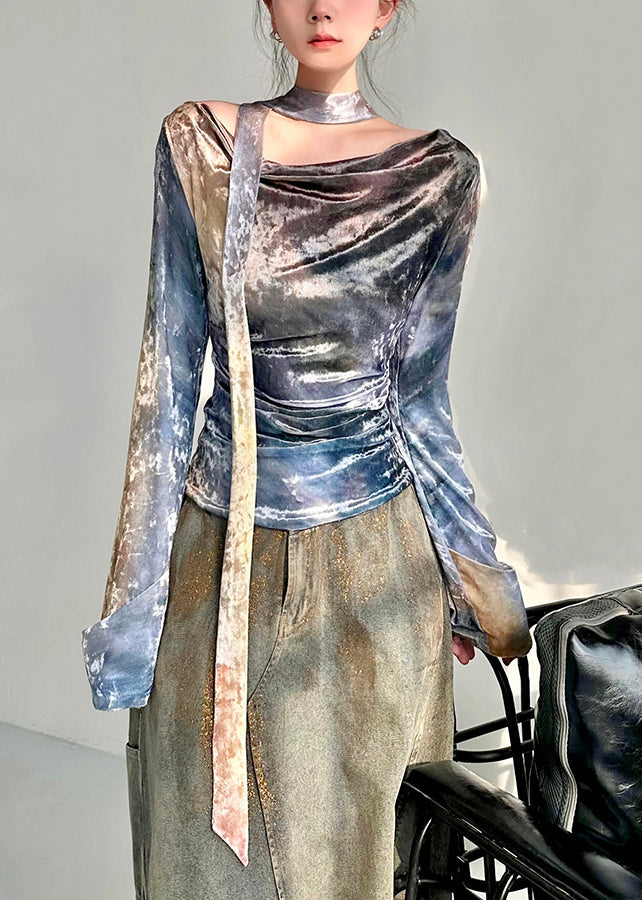 New Blue O-neck Wrinkled Silk Velour Tops Fall