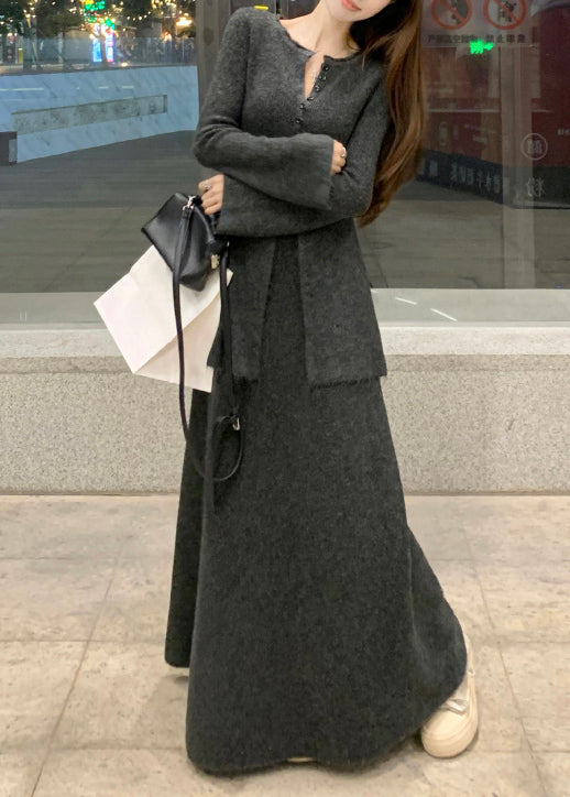 Dark Gray Front Open Sweaters and Skirts Knit Two Pieces Set O Neck Winter