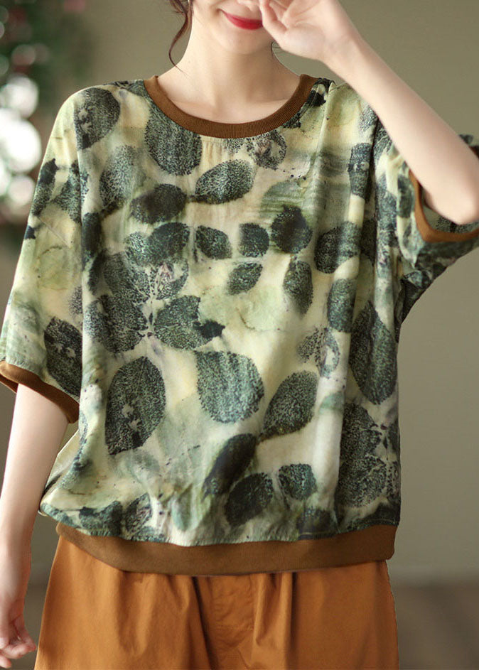 Green O-neck Print Patchwork Linen Top Half Sleeve
