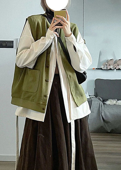 Army Green Stand Collar Button Cardigans and Shirts Two Piece Set Long Sleeve