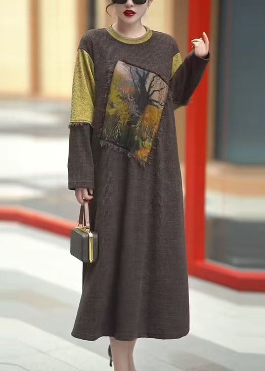 Coffee O-neck Patchwork Knit Dress Winter