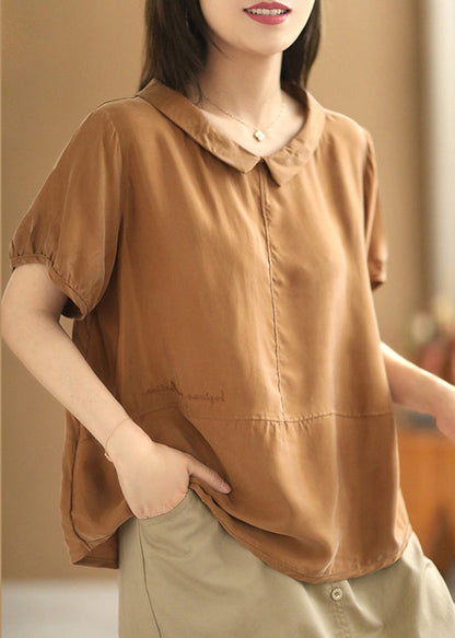 Loose Caramel Peter Pan Collar Silk Cotton Tops Summer