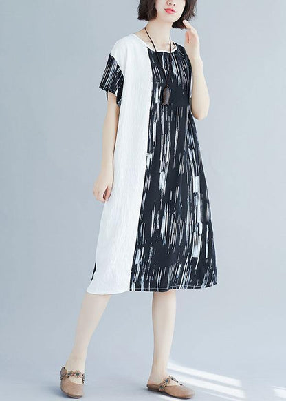 French Patchwork Cotton Linen Clothes Pattern Black Dresses Summer