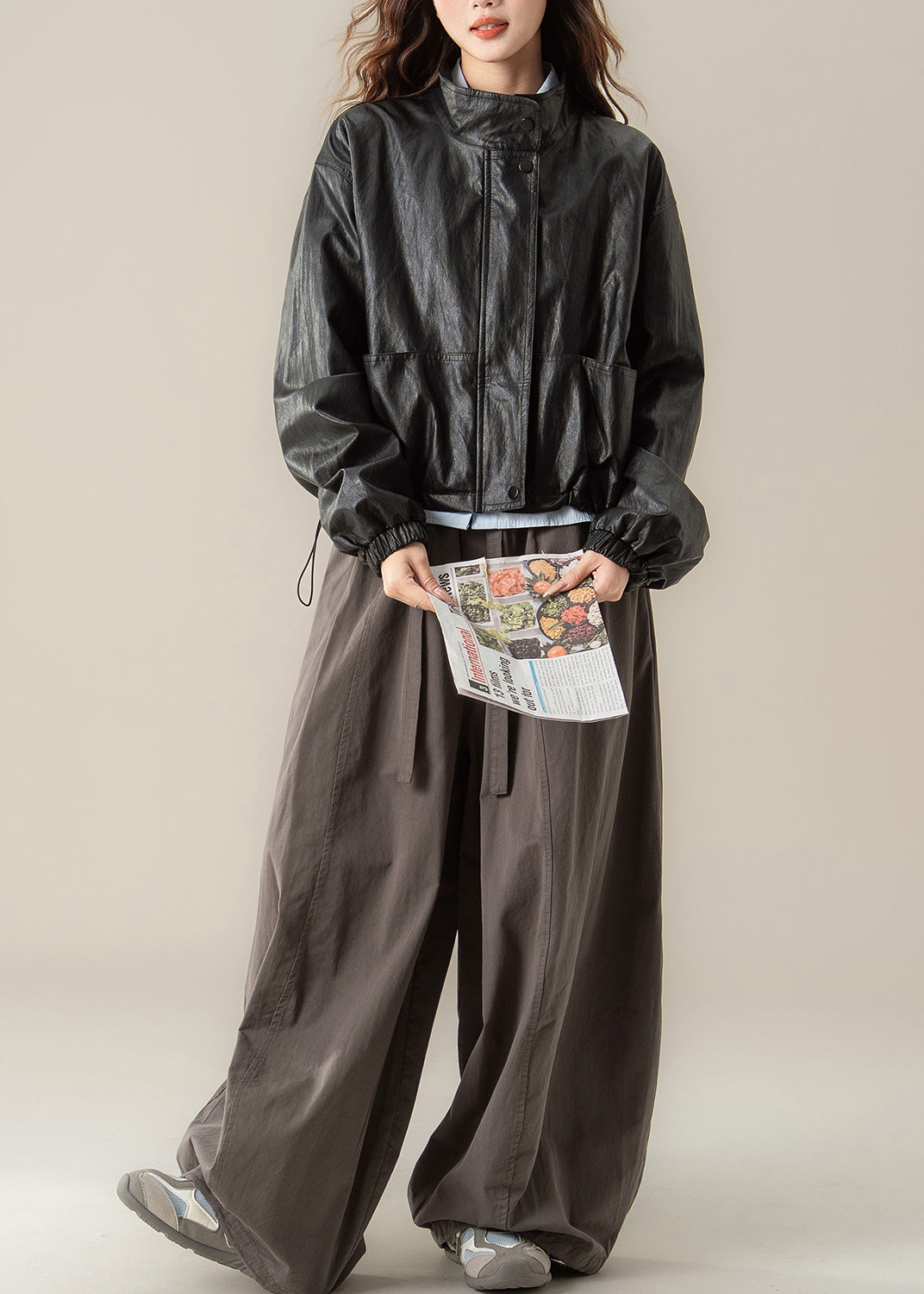 Classy Black Stand Collar Drawstring Faux Leather Coat Spring