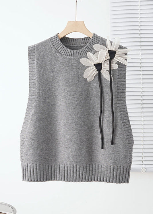 Modern Grey Decorated Warm Knit Vests Fall