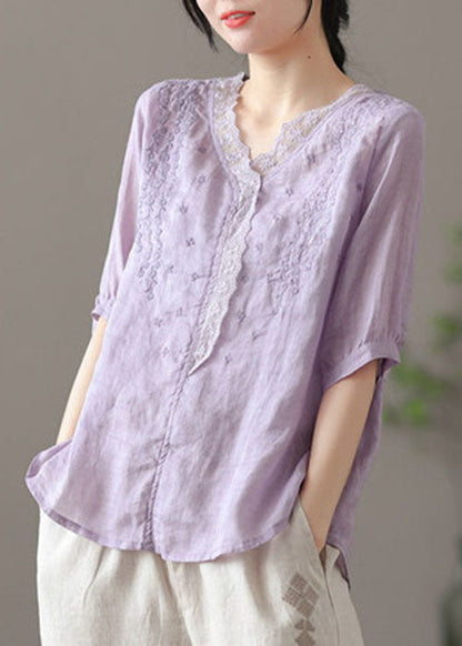 Purple V Neck Embroidered Linen Blouse Tops Half Sleeve