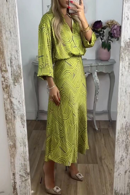 Daily Geometric Print Buttons Turndown Collar Three Quarter Two Pieces(3 Colors)