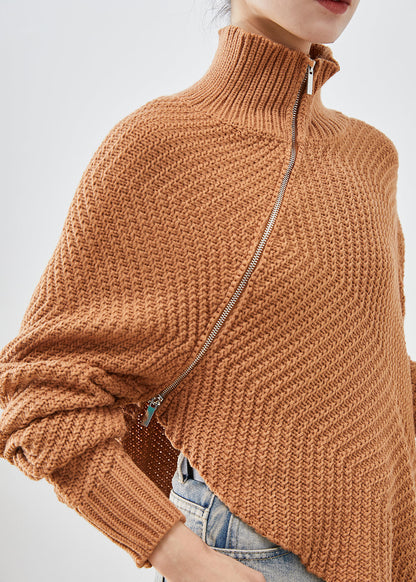 Brown Asymmetrical Zippered Knit Pullover Winter