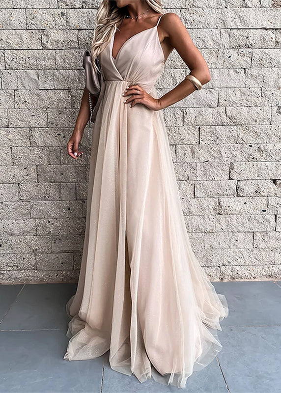 V Neck Wrinkled Tulle Spaghetti Strap Dress Summer