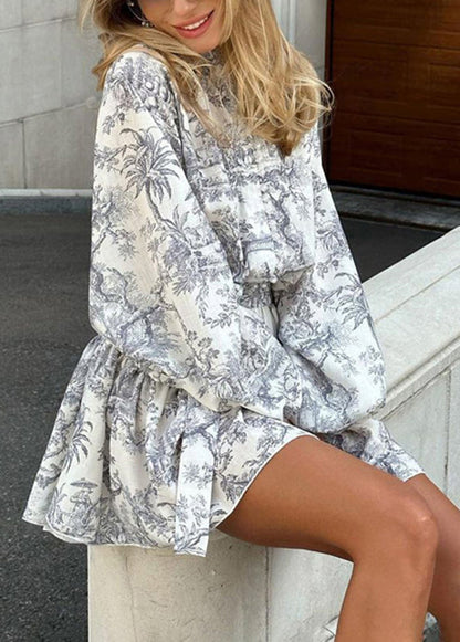 Style Grey Print Tie Waist Puff Sleeve Cotton Vacation Dress