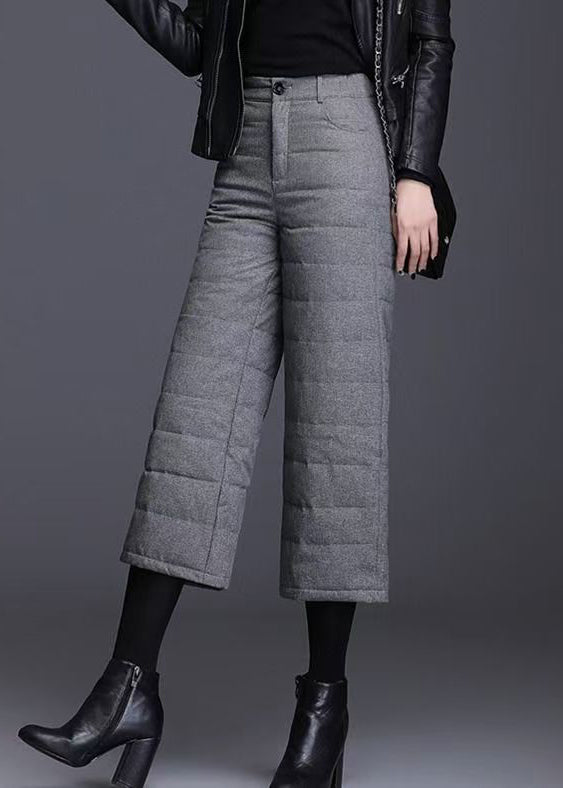 Grey Pockets High Waist Duck Down Crop Pants Winter