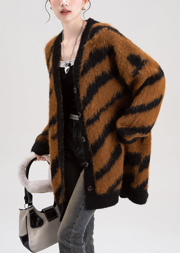 Coffee V Neck Striped Button Knit Cardigans Fall