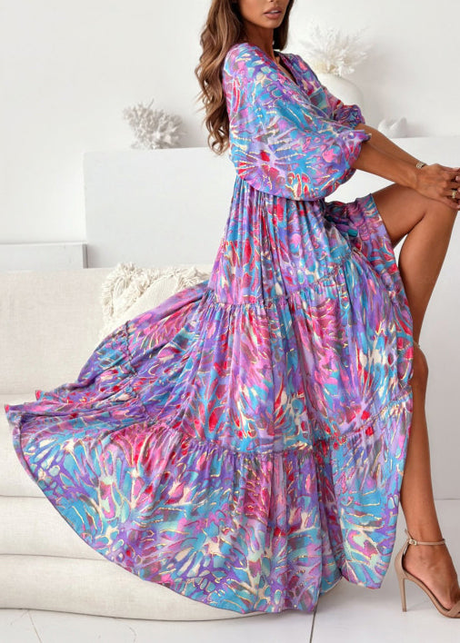 Green V Neck Print Side Open Cotton Dress Summer