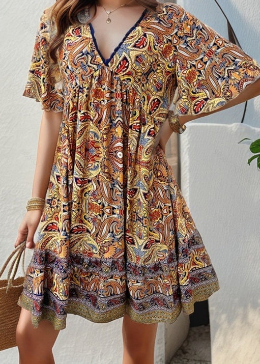 Yellow V Neck Print Cotton Mid Dress Summer