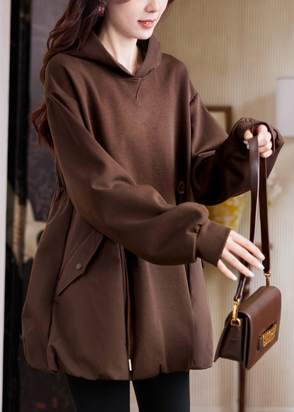 Coffee Hooded Pockets Drawstring Cotton Sweatshirt Fall