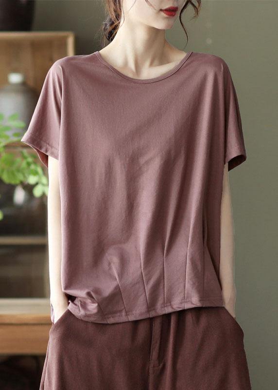 Brick Red Asymmetrical Design O-neck Patchwork Summer Cotton Shirts
