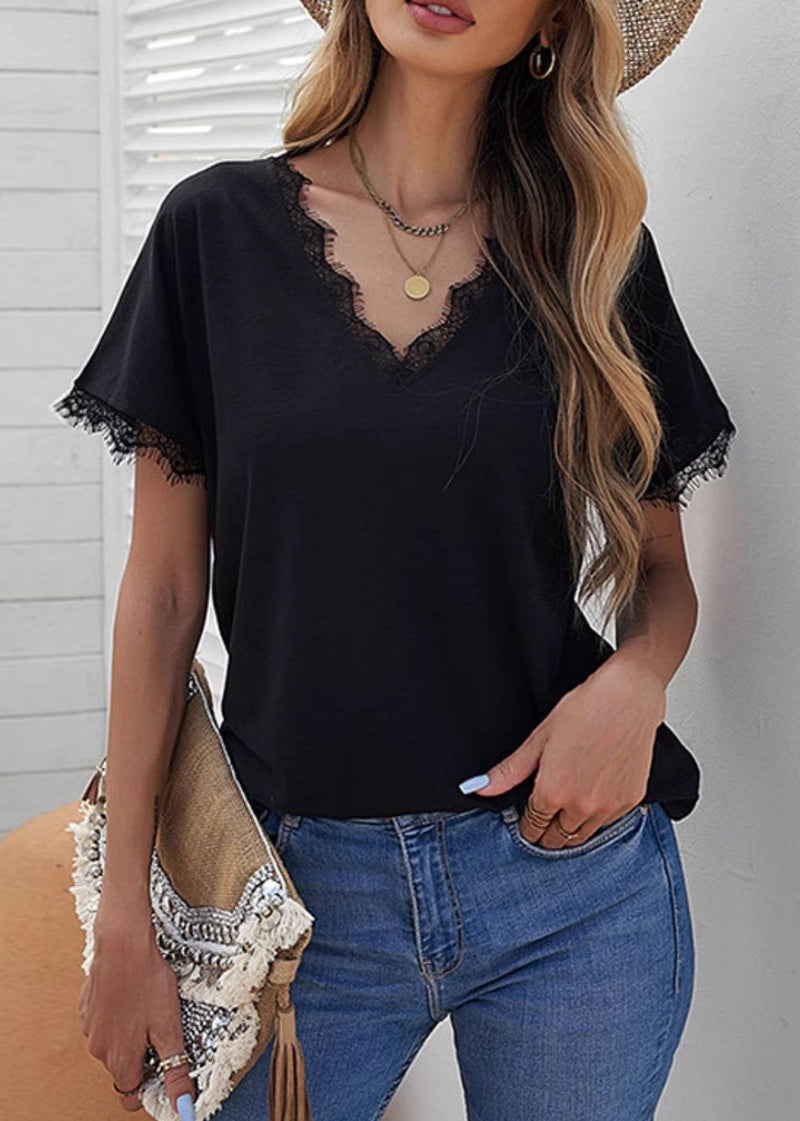 Black Lace Patchwork T Shirt Short Sleeve