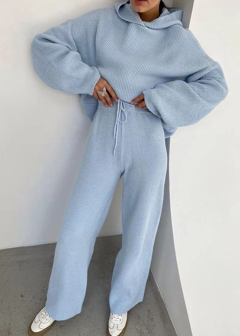 French Apricot Hooded Pullover Knit Two Pieces Set Winter