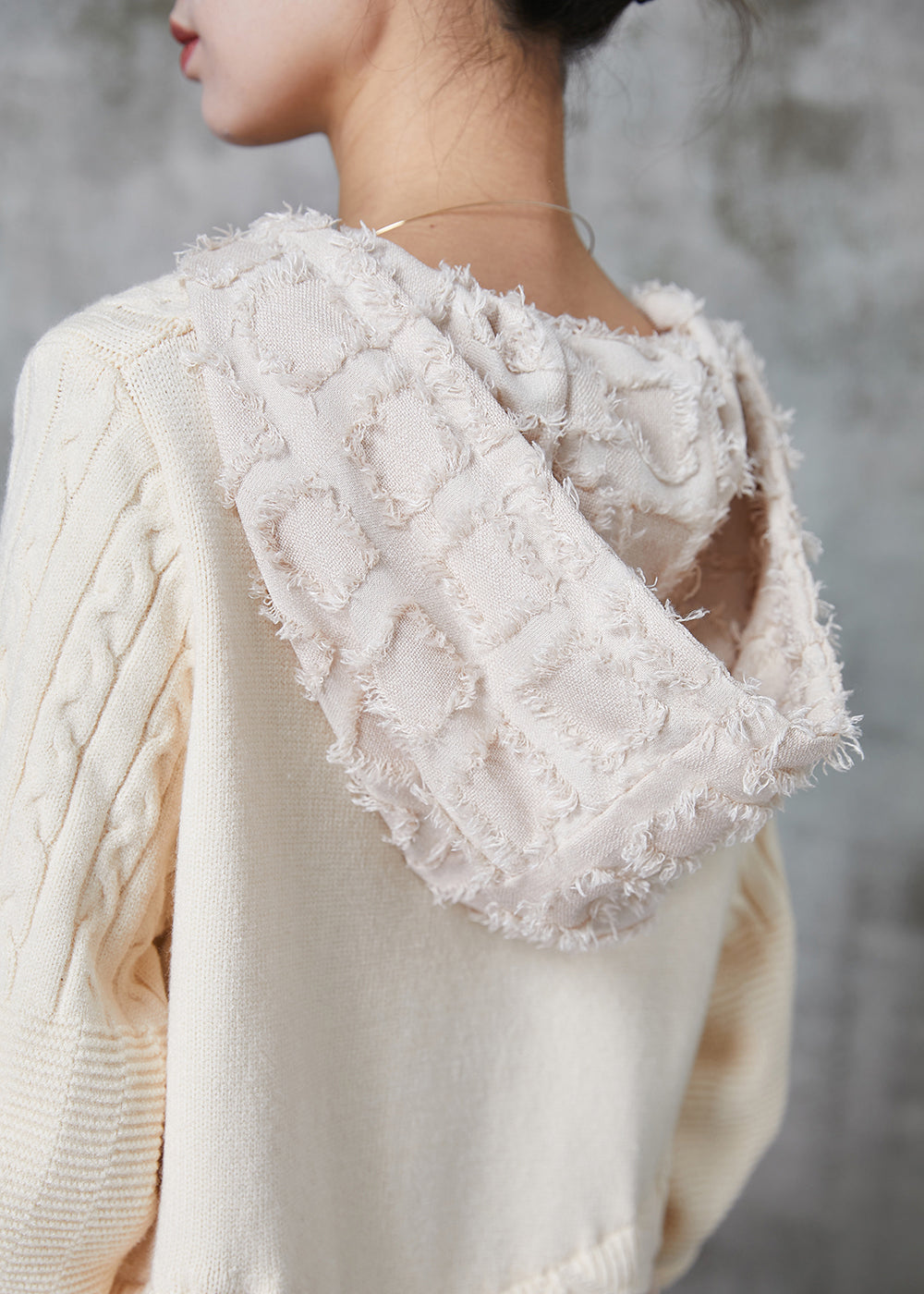 Beige Hooded Patchwork Knit Dress Spring