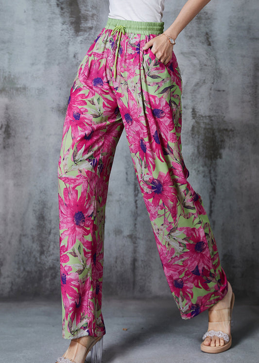 Rose Elastic Waist Leaf Print Chiffon Pants Summer