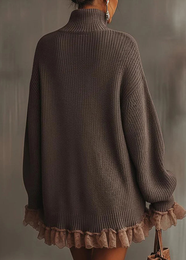 Brown Hign Neck Ruffled Patchwork Knit Sweater Dress Winter