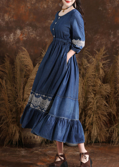 Organic Navy O-neck Wrinkled Elastic Waist Long Denim Dresses Bracelet Sleeve