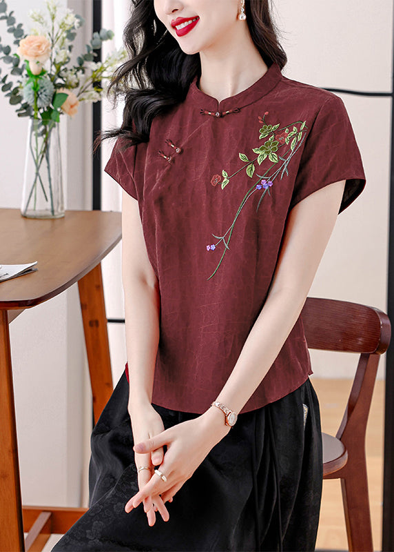 Red Stand Collar Embroidered Silk Blouses Summer