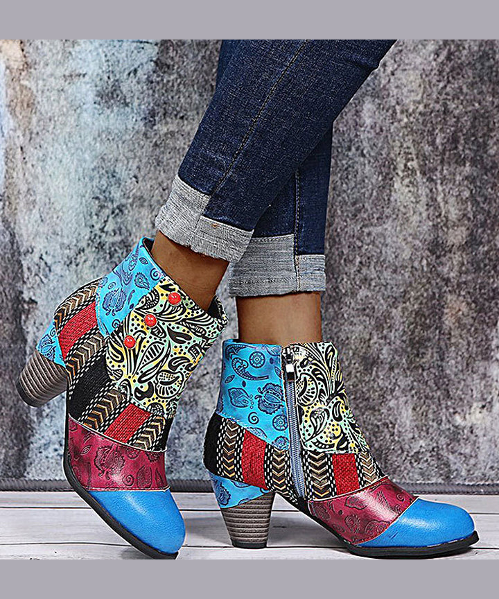Retro Splicing Chunky Boots Brown Embossed Faux Leather