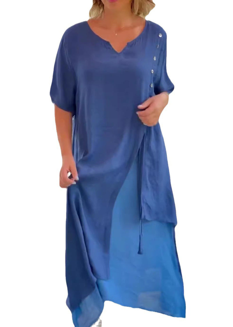 Black V Neck Asymmetrical Patchwork Cotton Dress Summer