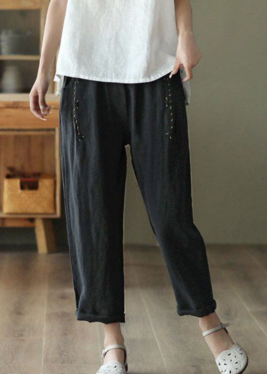 Black Pocketspatchwork Linen Pants Summer