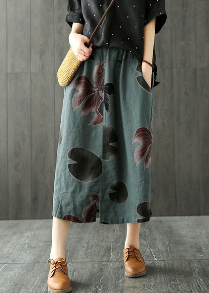 Classy Blackish Green Side Open Pockets Print Skirts Spring