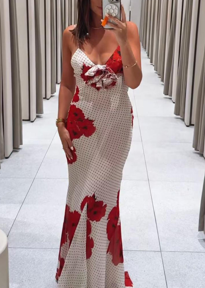 White V Neck Print Chiffon Spaghetti Strap Dress Sleeveless