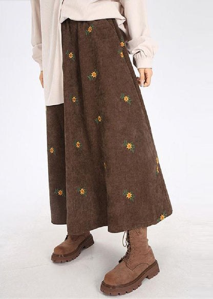 Brown Corduroy a Line Skirt Embroidered Spring