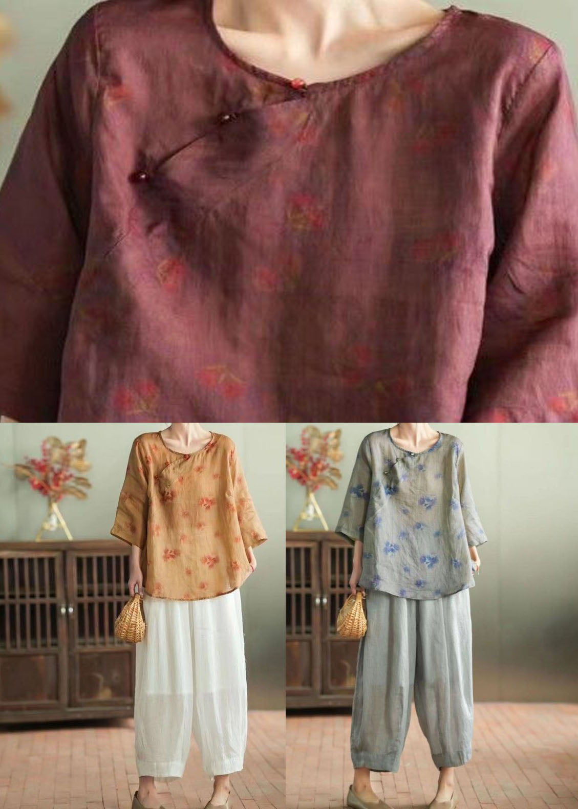 Grey Patchwork Linen Tops and Pants Two Pieces Set O Neck Summer