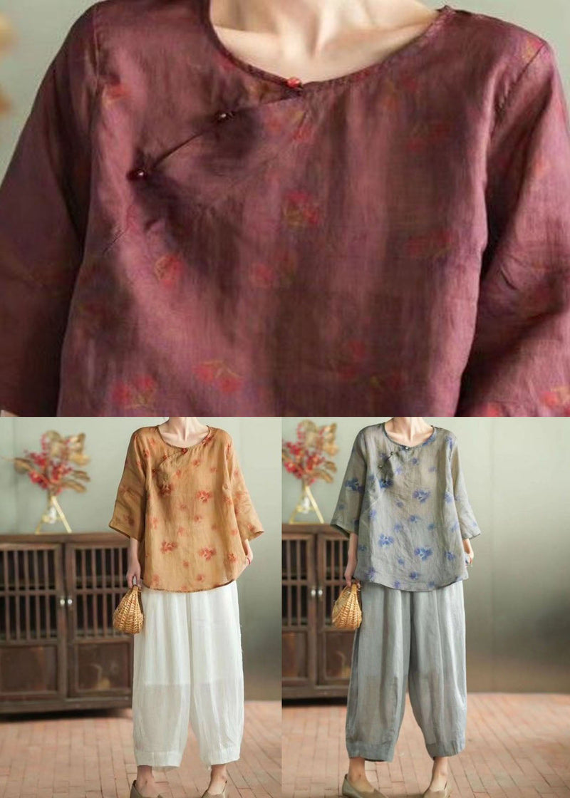 Grey Patchwork Linen Tops and Pants Two Pieces Set O Neck Summer