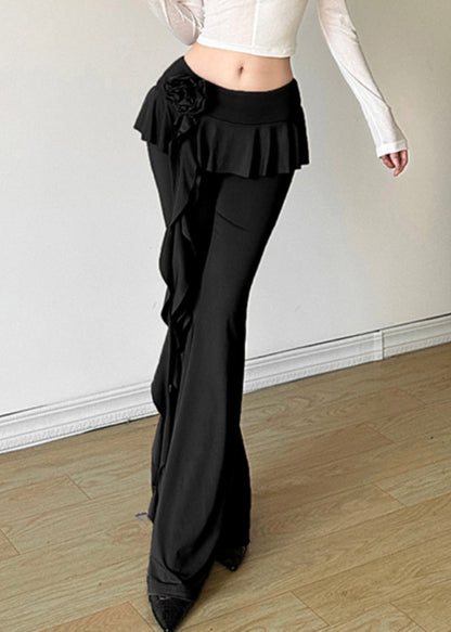 Khaki Ruffled Patchwork Tassel Fake Two Pieces Flare Pants Summer